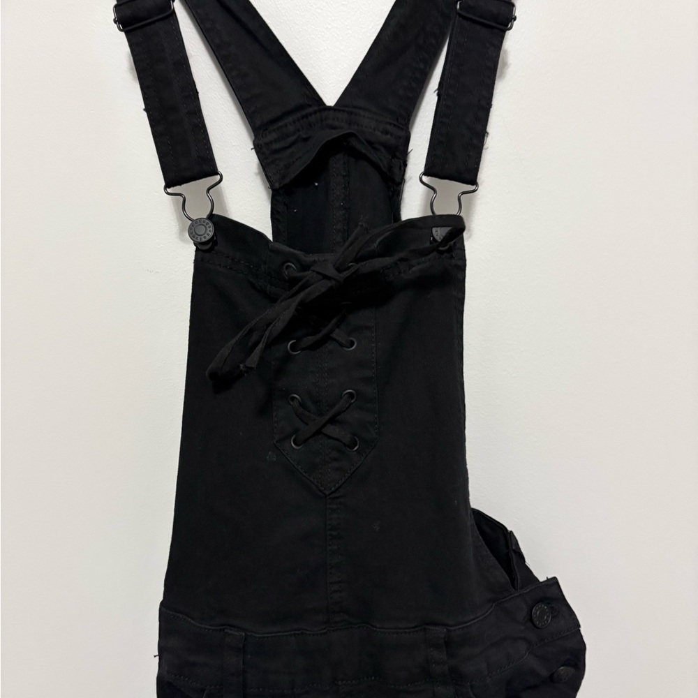 Goth Whimsigoth Black Adjustable Strap Lace Up Neckline Distressed Overalls
